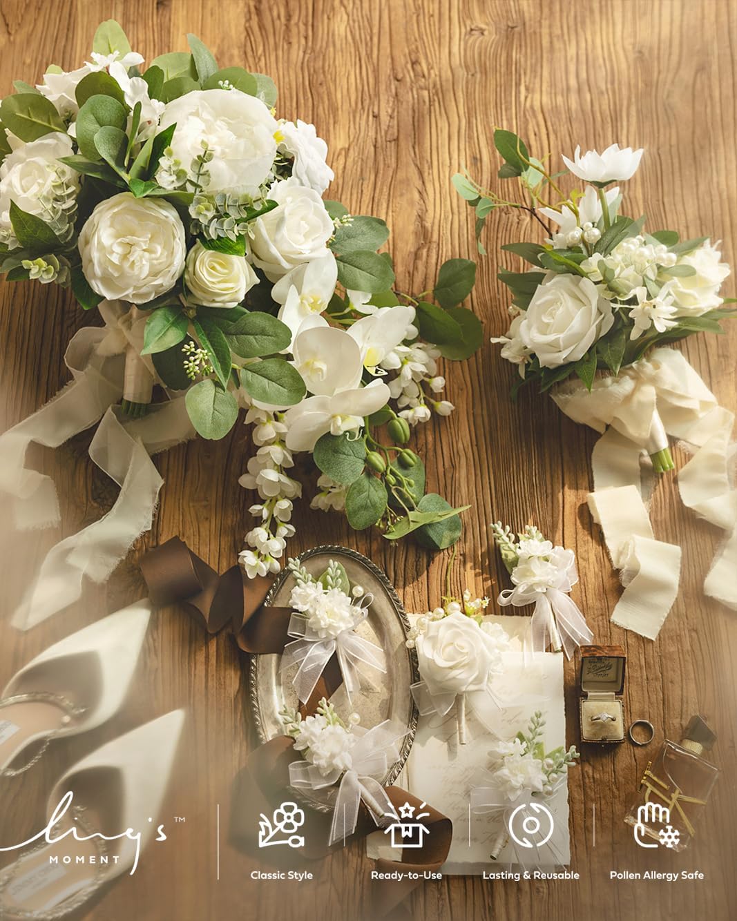 Ling's moment White Bridal Bouquet Cascading, White Wedding Bouquets for Bride, 13 Inch Ivory Bride