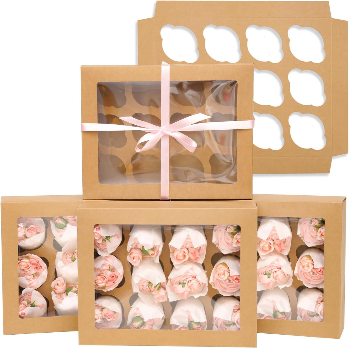 Bakepacker Auto-pop up 12 Cupcake Containers 6-Packs Brown Cupcakes Carrier, 12 Cupcake Boxes with