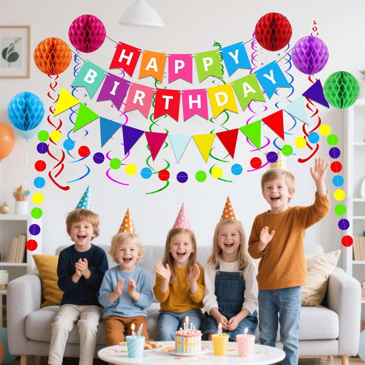 Fecedy Happy Birthday Banner With Colorful Paper Flag Bunting Paper Circle Confetti Garland Swirl