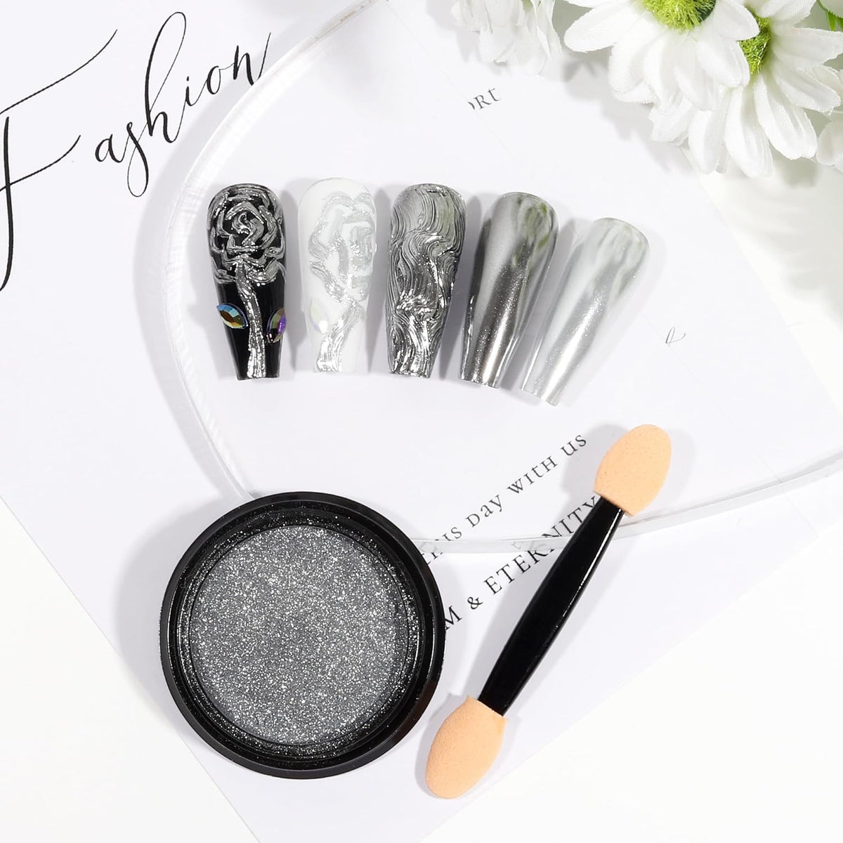 Artdone Chrome Nail Powder, Silver Iridescent Aurora Powder Metallic Mirror Effect Pigment