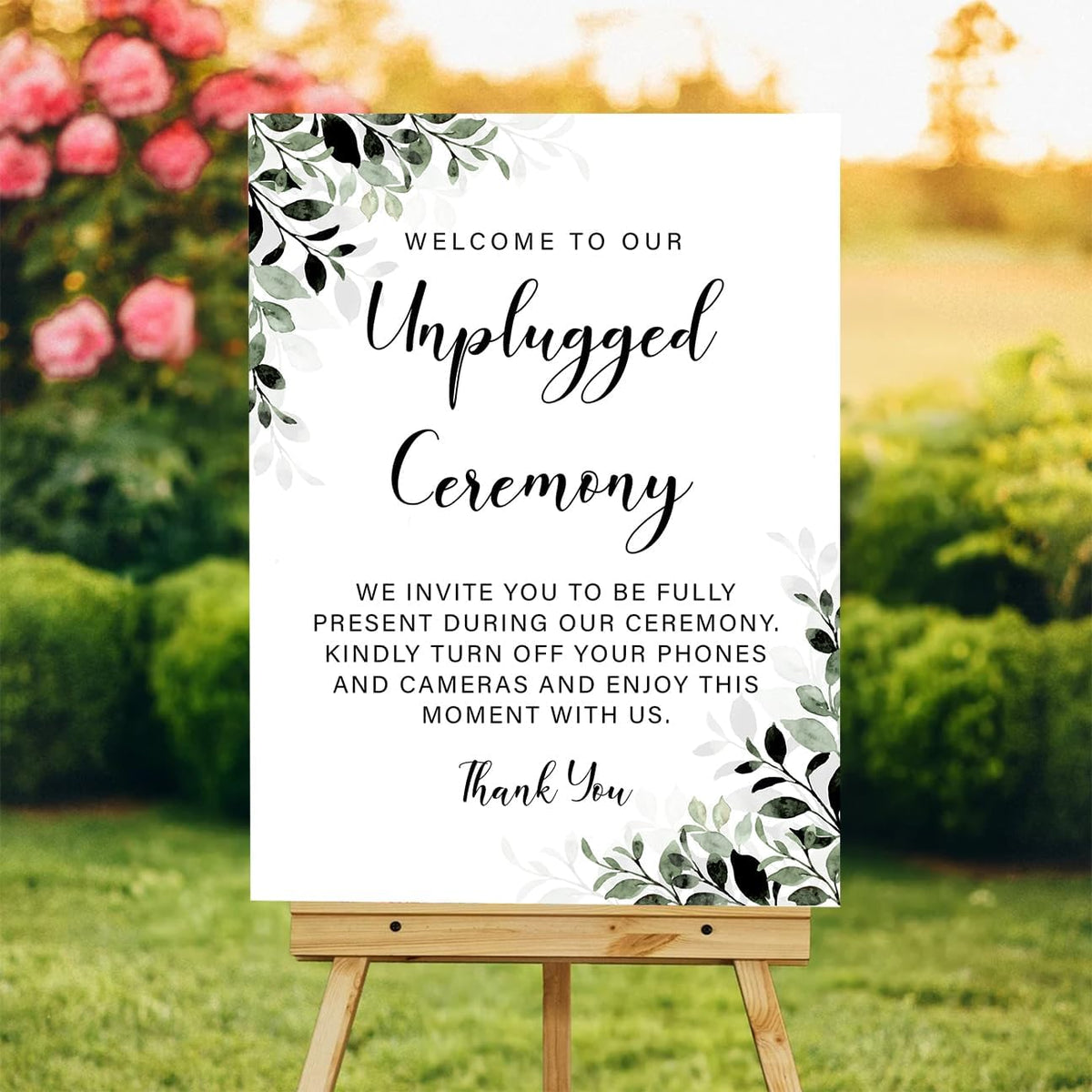 Unplugged Ceremony Wedding Sign – Elegant Greenery Design for Outdoor Weddings – Turn Off Phones &