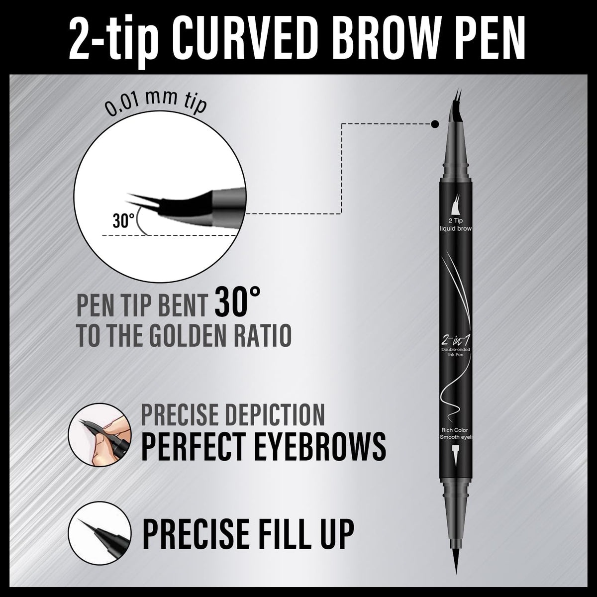 Curved Eyebrow Pencil, 2-in-1 Dual-Ended Eyebrow Pen with Curved Tip and Precise Brush-Tip