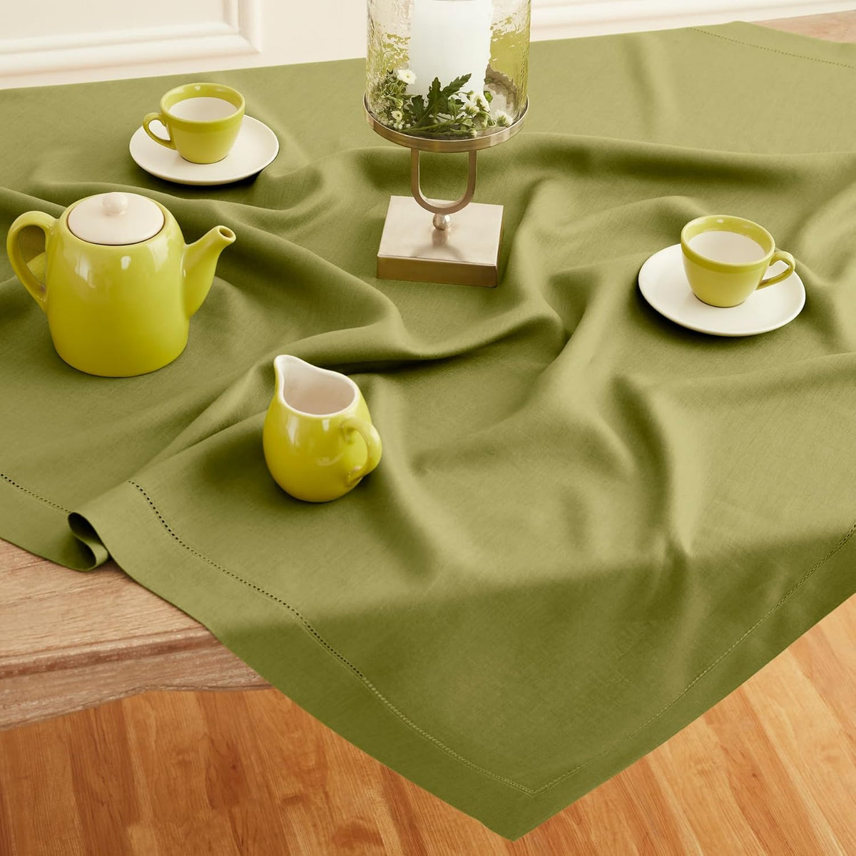 Solino Home Avocado Green Linen Tablecloth 52 x 52 Inch - 100% Pure Linen Square Table Throw