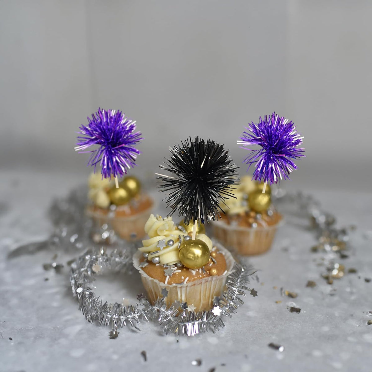 Gyufise 30Pcs Foil Firework Cupcake Toppers Sparkle Tinsel Cake Toppers Tinsel Drink Cake