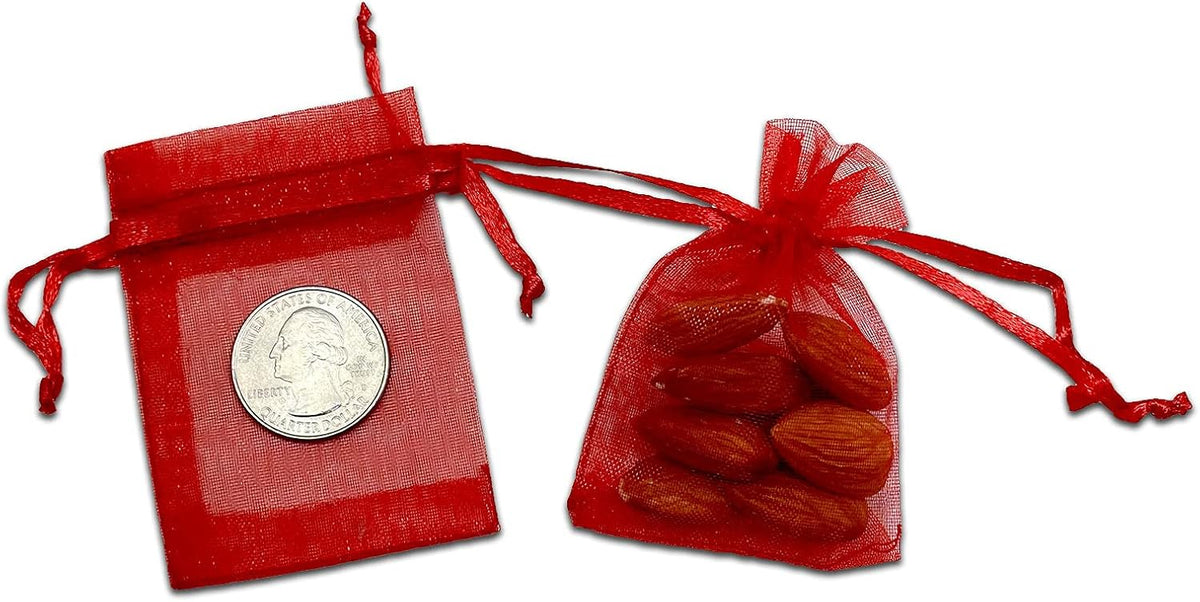 TheDisplayGuys 100-Pack XS 2" x 2 3/4" Red Sheer Organza Gift Bags with Drawstring, Jewelry Candy