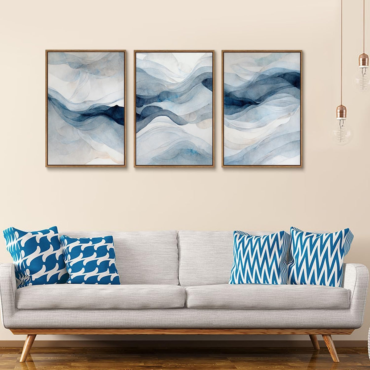 myusuar 3 Piece Large Abstract Framed Wall Art For Living Room, Smoke Texture Ink Navy Blue Canvas