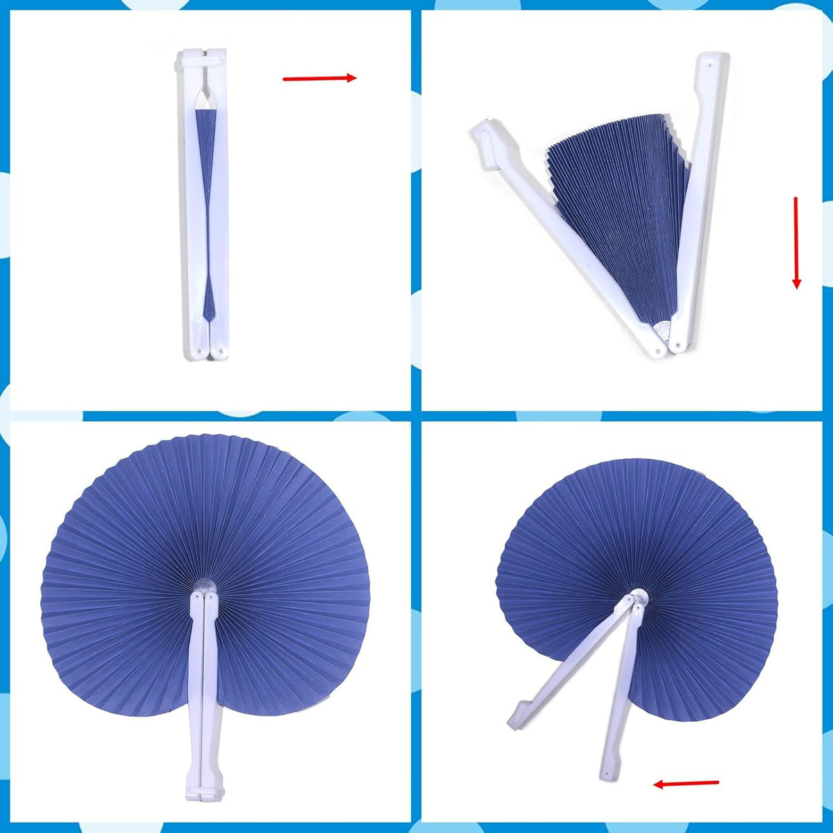 12 Packs Decorative Paper Folding Hand Fans Handheld,Navy Round Foldable Wedding Fans Chinese and