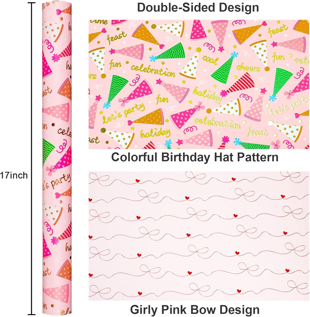 Yarcony Pink Birthday Wrapping Paper for Girl Women, Metallic Foil Girly Party Hat, Bow Design