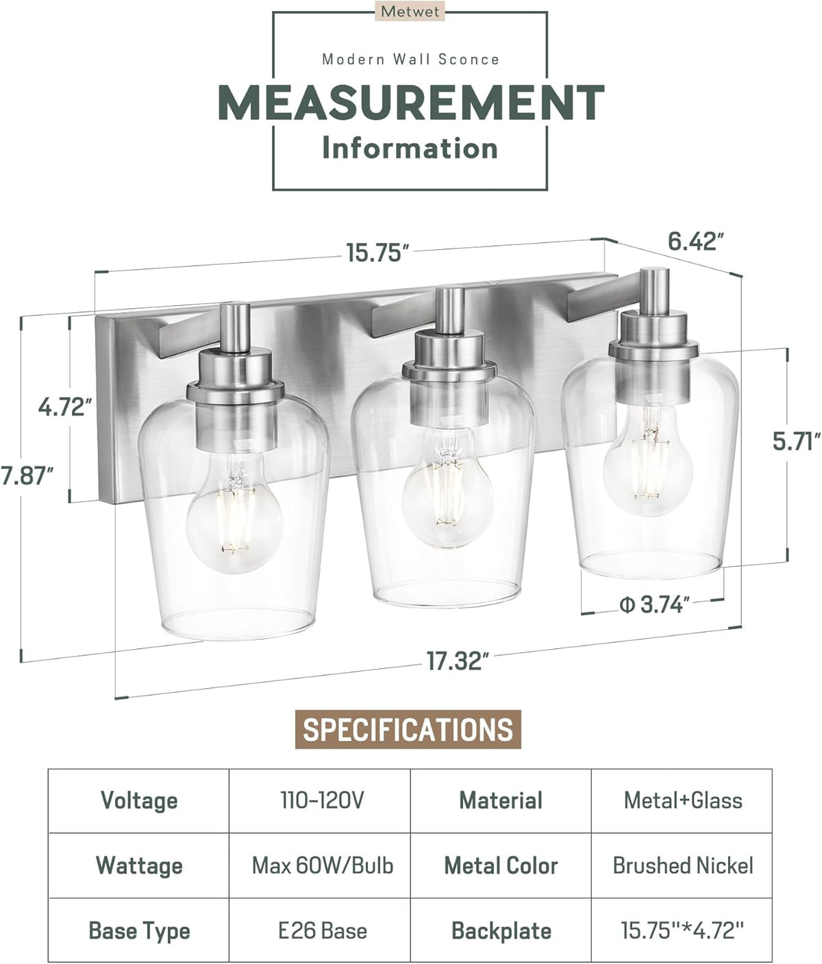 Bathroom Light Fixtures, 3-Light Modern Vanity Light with Clear Glass Wine Glass-Shaped Shade