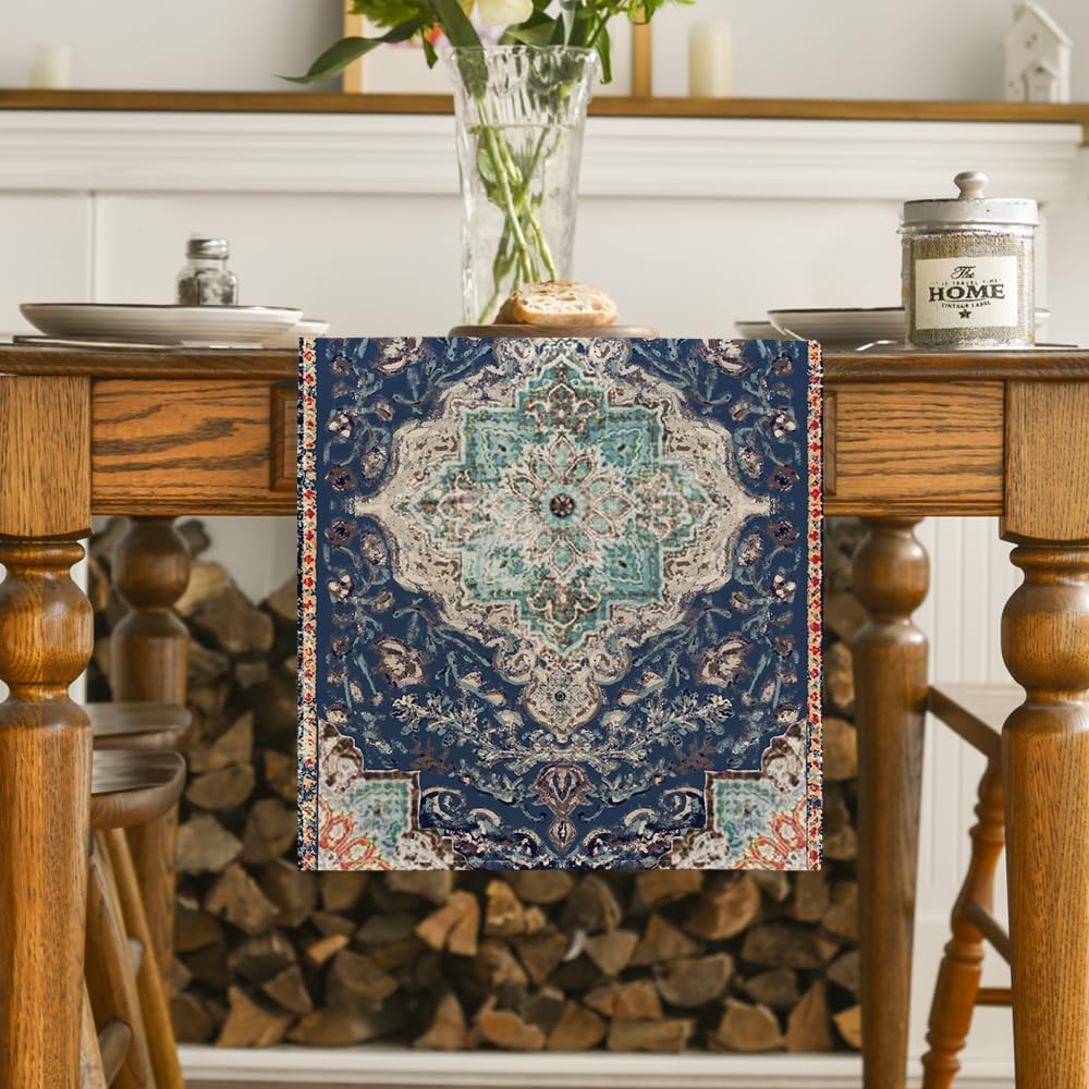 Artoid Mode Boho Bohemia Style Blue Table Runner, Country Rustic Farmhouse Magical Winter Kitchen