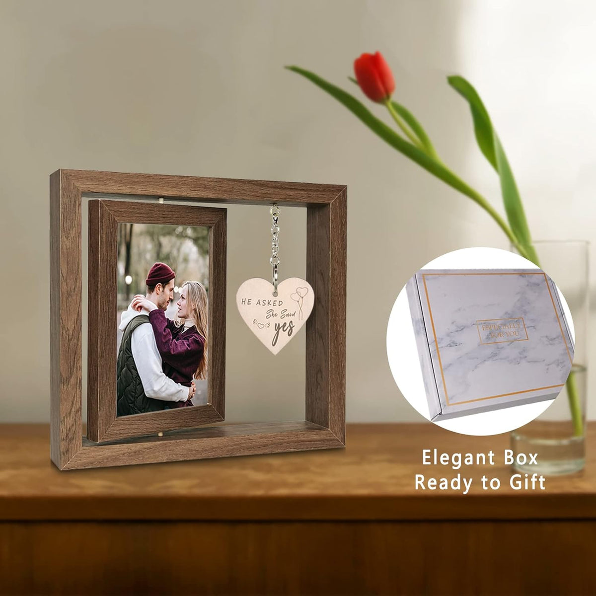 He Asked She Said Yes Engagement Gift Picture Frame, Wood Engagement Gifts for Couples Newly