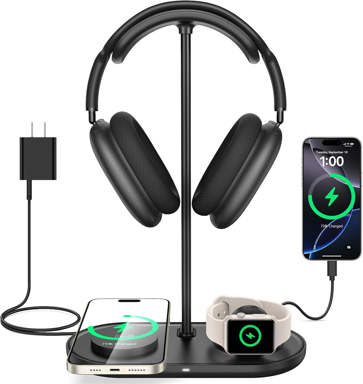 TopMade 5 in 1 Headphone Stand for Desk with Wireless Charger & USB Charging for