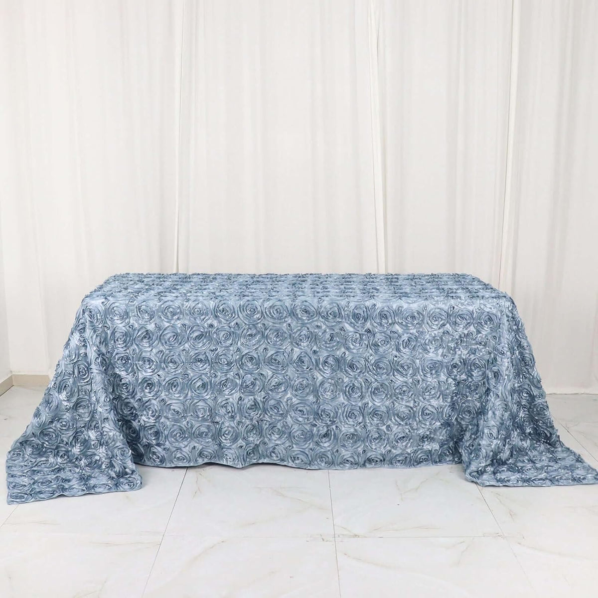 Efavormart 90"X132" Dusty Blue Grandiose 3D Rosette Satin Rectangle Tablecloth for Wedding Party