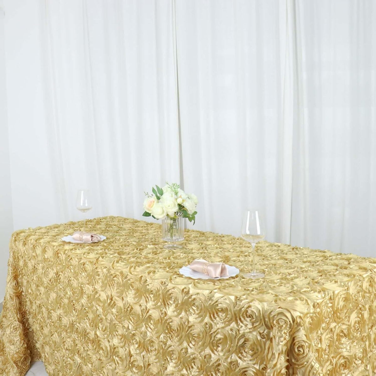 Efavormart 90"x132" Wholesale Rectangle Table Cover Champagne Grandiose Rosette 3D Satin Tablecloth