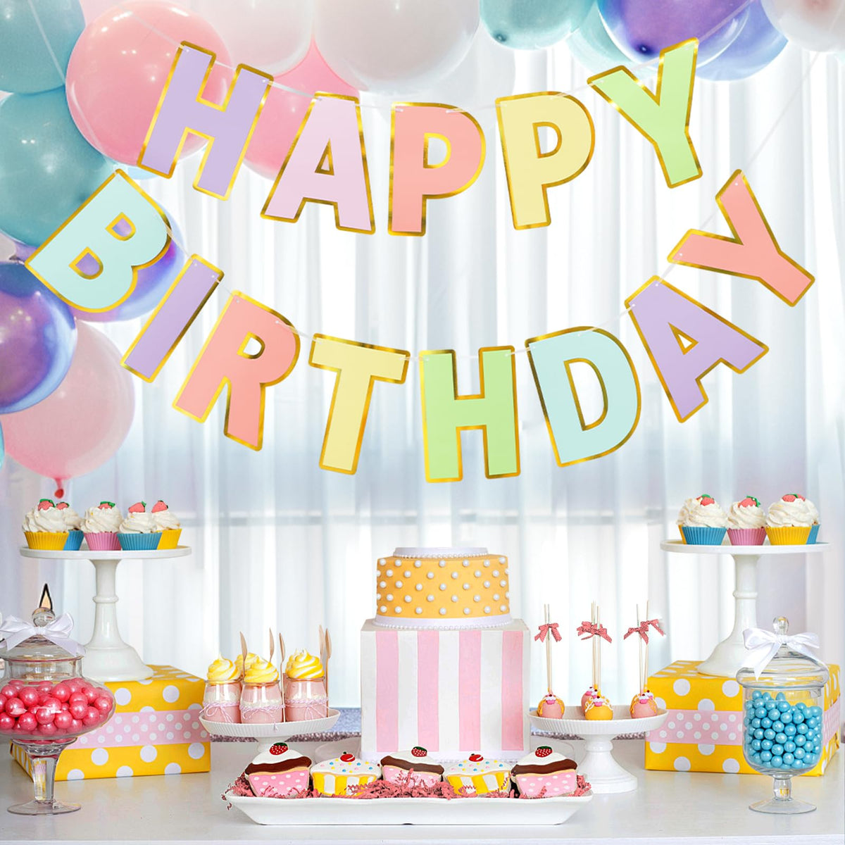 LITAUS Pre-Strung Happy Birthday Banner - Pastel Macaron Party Decorations