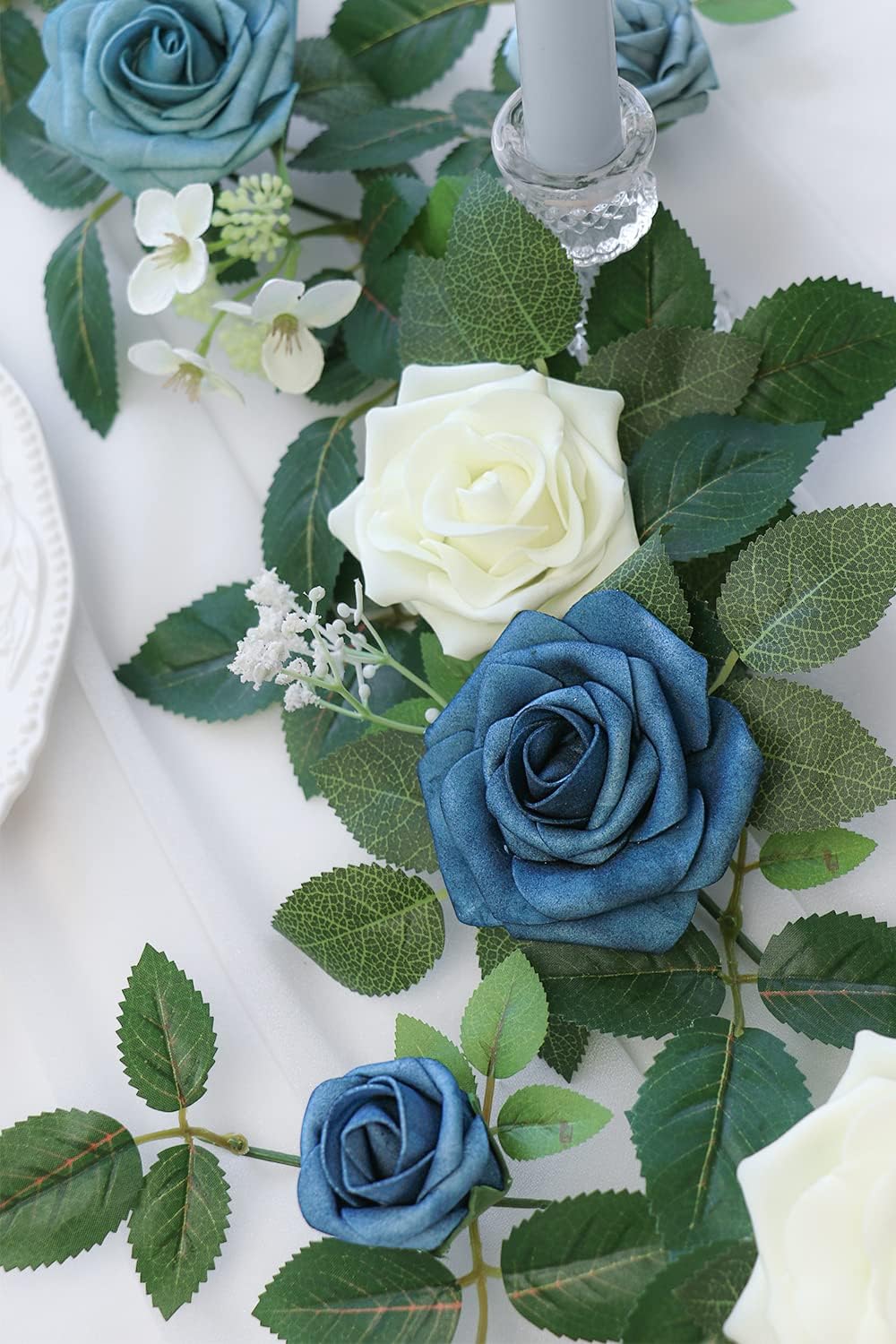 PONATIA 5FT Handcrafted Artificial Rose Flower Garland, Dusty Blue Flowers Greenery Garland for