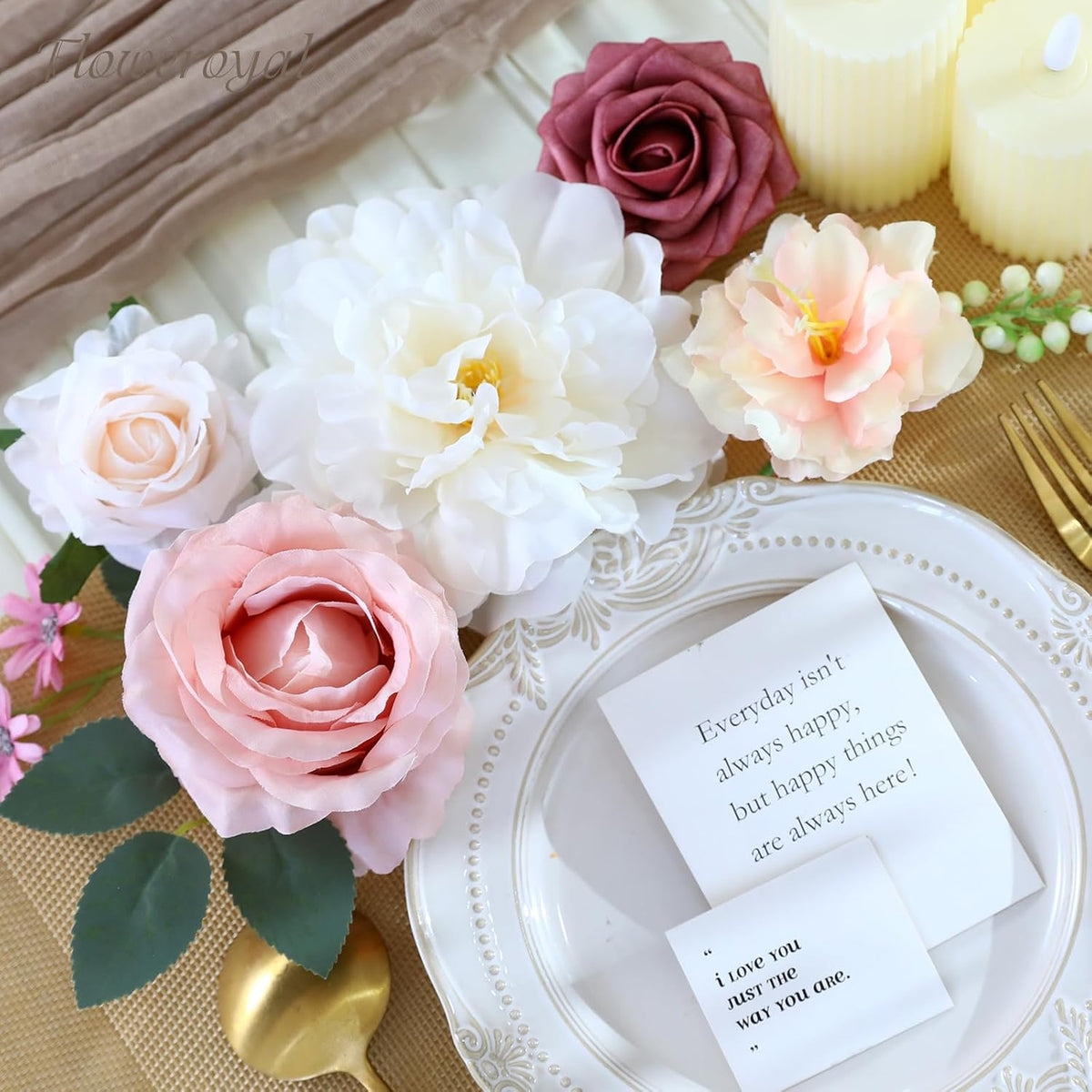 Floweroyal Artificial Flowers Combo Pink Flowers Mix Silk Flowers Dahlia Roses with Stems for DIY