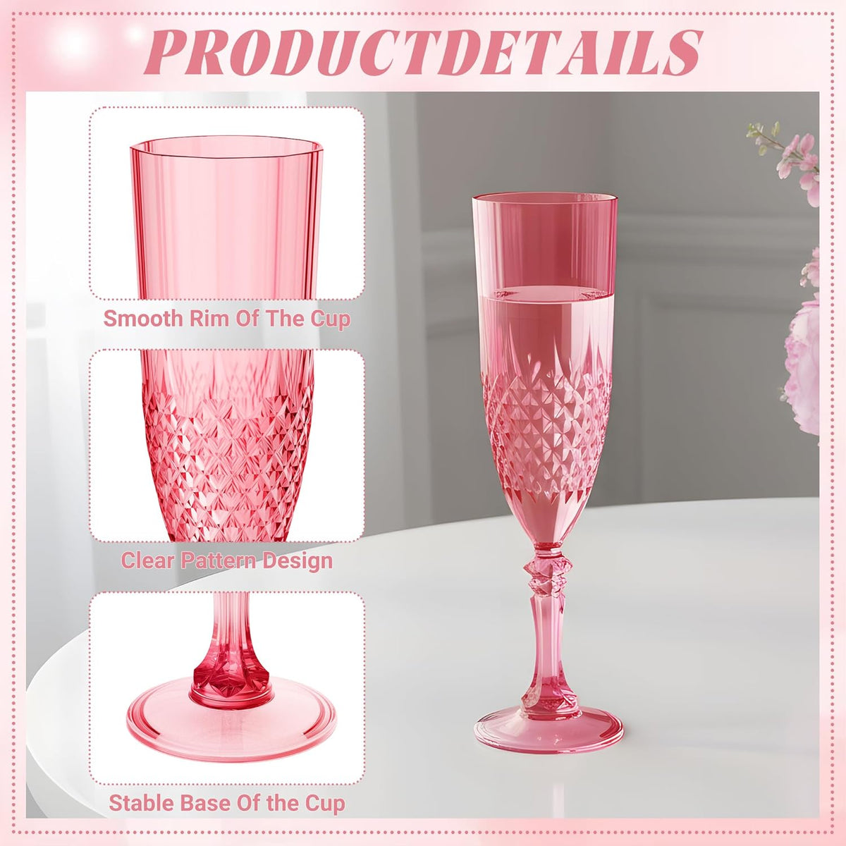 Plastic Champagne Flutes, 24PCS Red Wine Glasses Goblets Cups Reusable Flute, for Weddings Bachelor