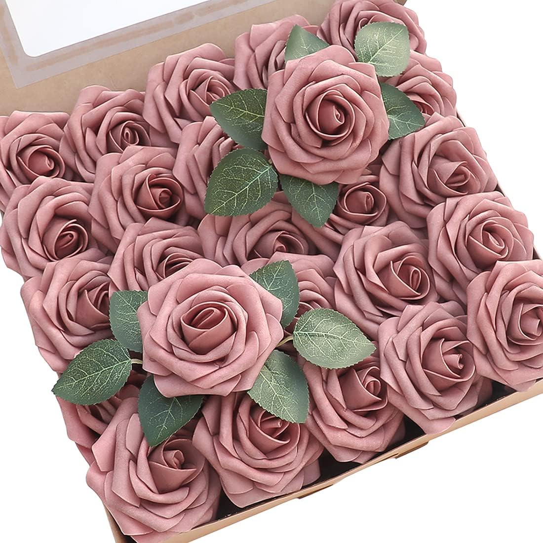Floroom Artificial Flowers 50pcs Real Looking Dusty Rose Foam Fake Roses with Stems for DIY Wedding