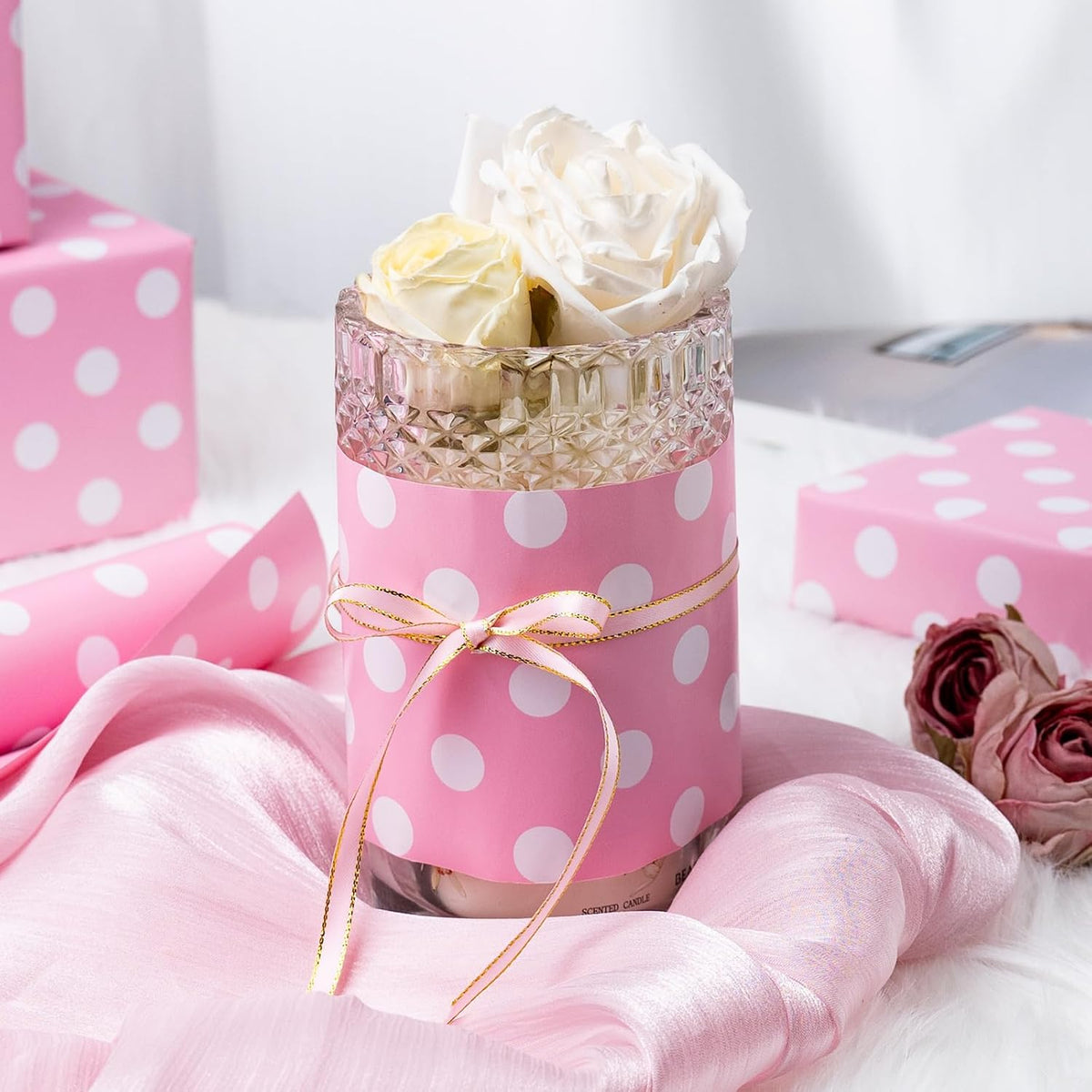 Burymento Pink and White Dots Wrapping Paper, Reversible Pink Gift Wrap for Birthday, Valentines