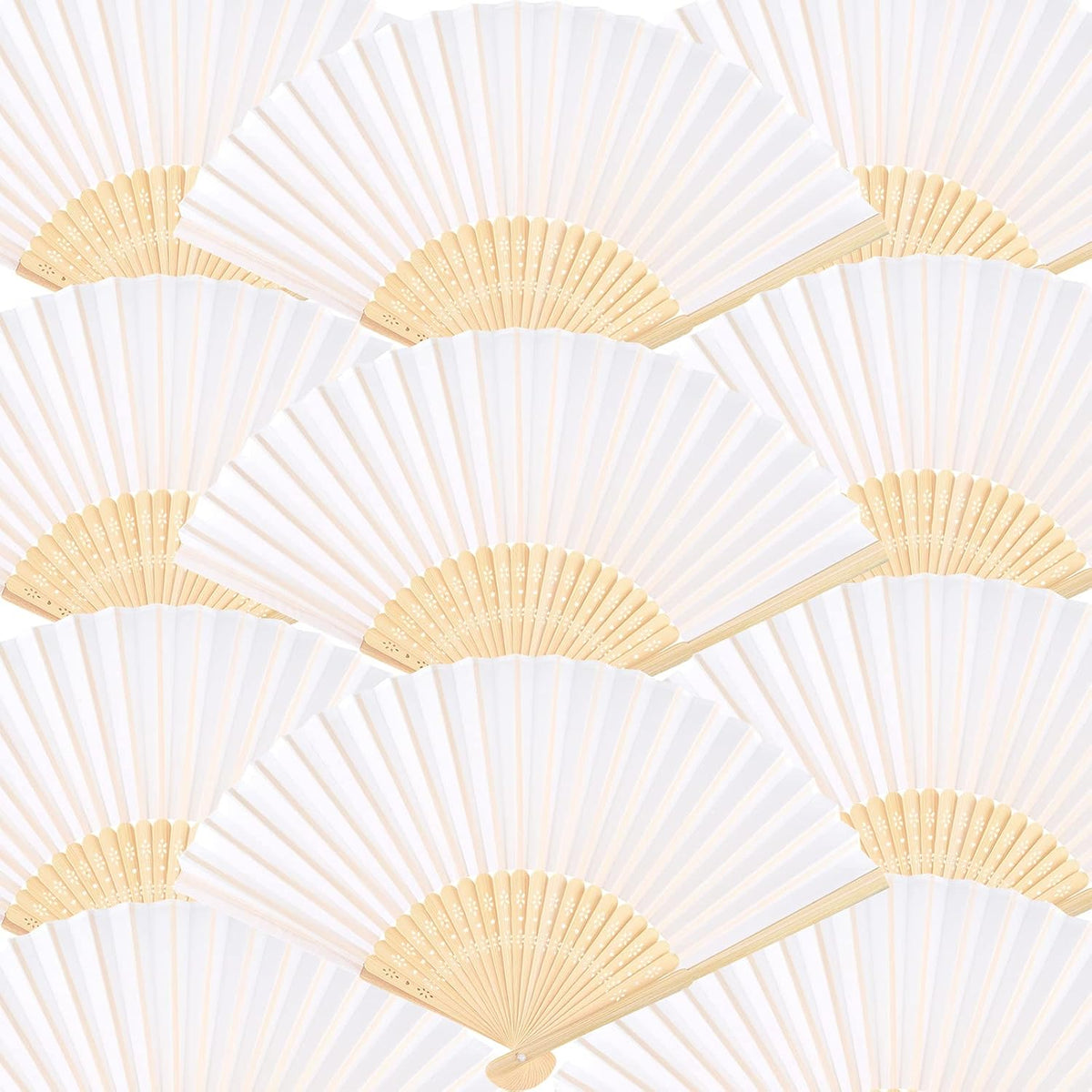 FEPITO 50 Pieces White Handheld Paper Fan Paper Folding Fans with Bamboos for Wedding Gift, Party