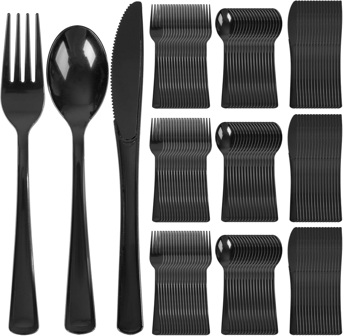 Supernal 300 Pieces Black Plastic Silverware Disposable Cutlery Black Disposable Silverware Heavy
