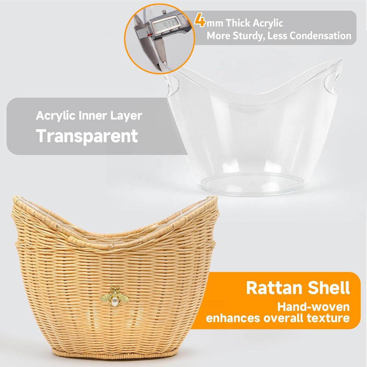 Lexenic Ice Bucket with Handle Hole, Woven and Acrylic Double Layer Basket Design, 4L Champagne