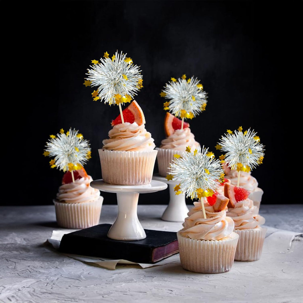 Ephlyn 30Pcs Foil Firework Cupcake Toppers Sparkle Tinsel Cupcake Picks Happy Birthday Cake