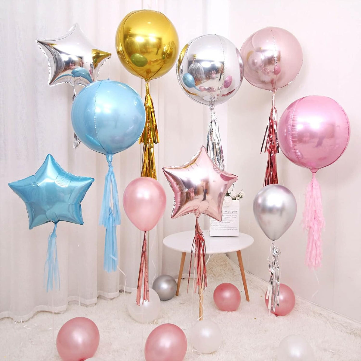 6 Pack Pearl Blue 22 Inch 4D Foil Balloons Big 360 Degree Round Sephere Mylar Balloons Mirror