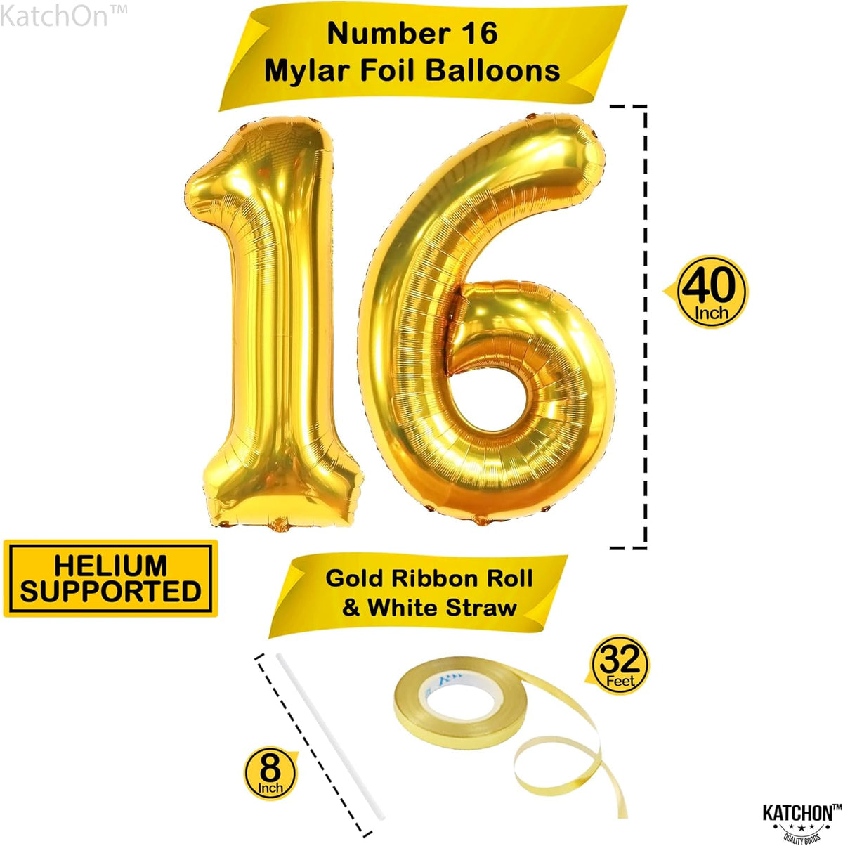 KatchOn, Giant Gold 16 Balloon Numbers - 40 Inch | Gold Number 16 Balloons for Sweet 16 Birthday