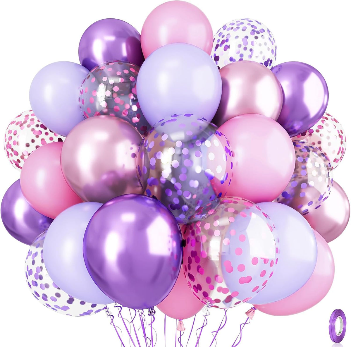 Pastel Pink and Purple Balloons, 12 Inch Light Purple Baby Pink Confetti Balloons with Metallic