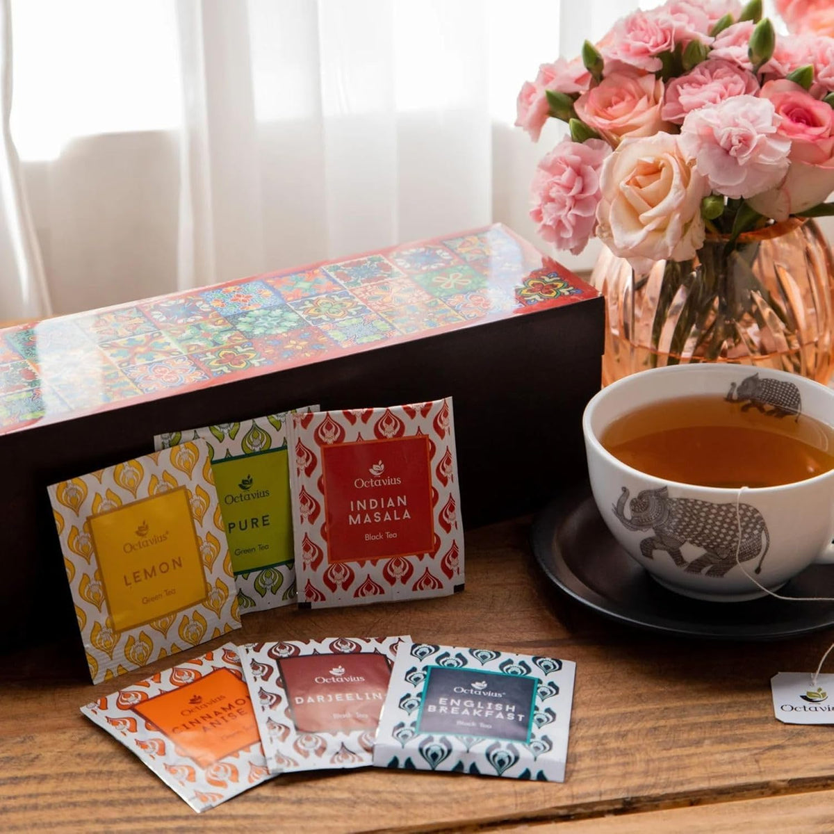 Octavius - Assorted Tea Variety Pack in Tile Motif Design Wooden Box | 6 Flavors, 60 Tea Bags |