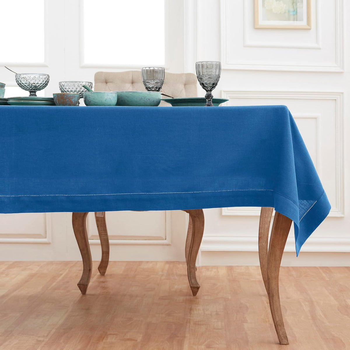 Solino Home Linen Indigo Blue Tablecloth 60 x 132 Inch - Classic Hemstitch, 100% Pure Linen