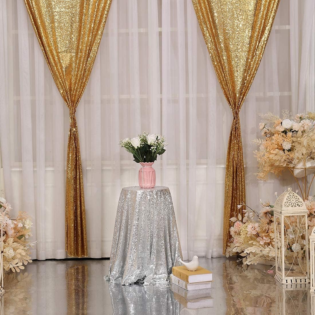 Poise3EHome Gold Sequin Backdrop Curtain 2 Panels 2ft x 8ft Gold Sequin Backdrop for Party