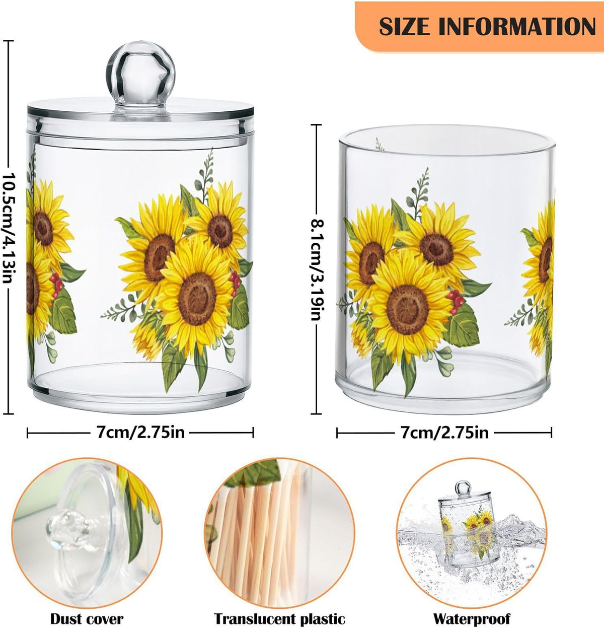 Gredecor Qtip Holder Dispenser 2 Pack Yellow Watercolor Sunflowers Bathroom Decorative Storage