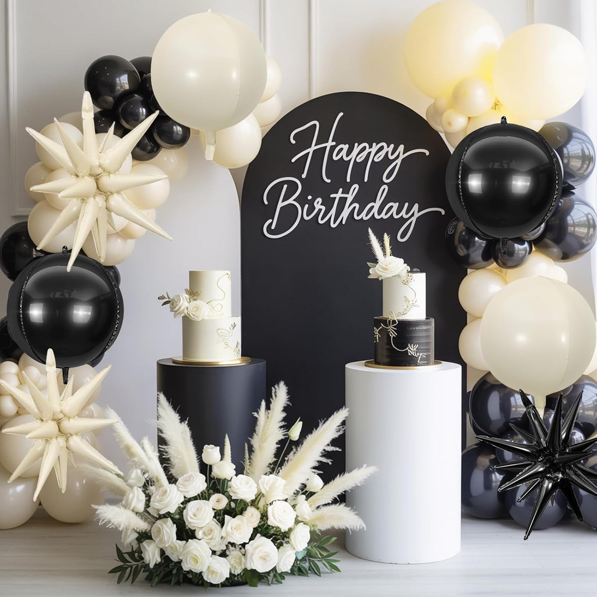 6Pcs Black White Foil Balloons,22Inch Sand White Black 4D Round Ball Balloon and Explosion Star