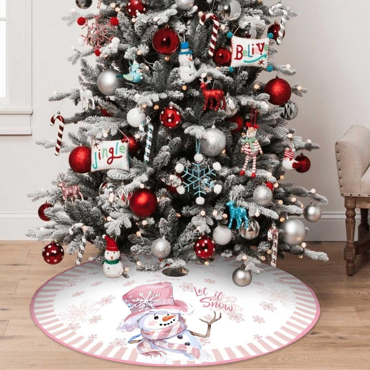 Let It Snow Snowman Christmas Tree Skirt 48 Inches, Pink Snowflake Tree Skirt, Winter Xmas Tree Mat