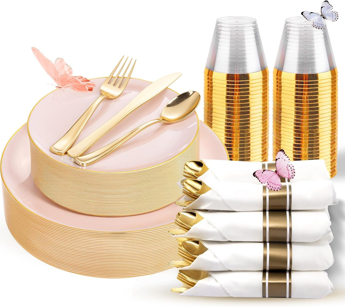 KIRE 175PCS Pink Plates Disposable - Heavy Duty Pink and Gold Plastic Plates Dinnerware Sets - 25