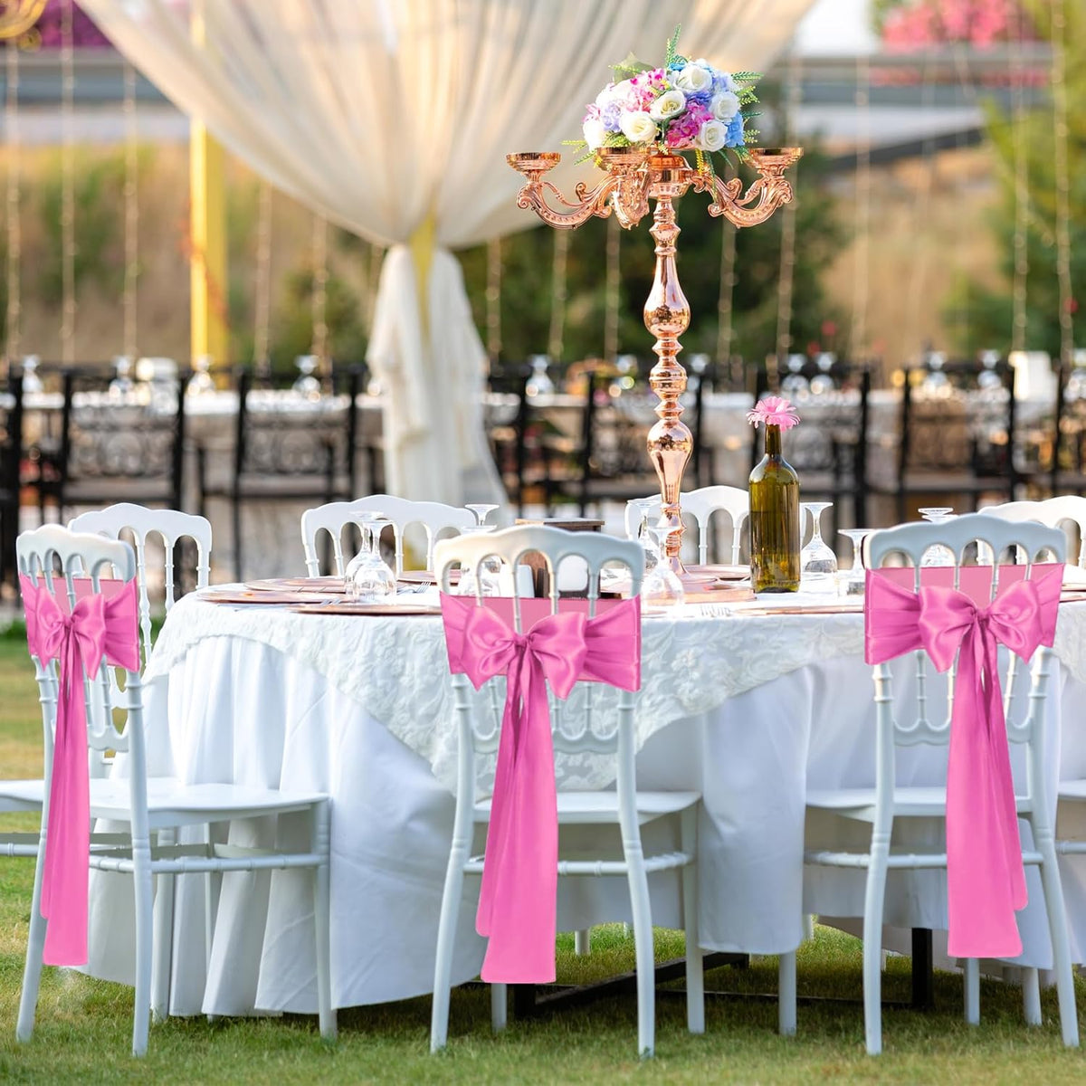 50 PCS Pink Satin Chair Sashes Bows Universal Chair Ribbon Ties Back Sash for Wedding Party