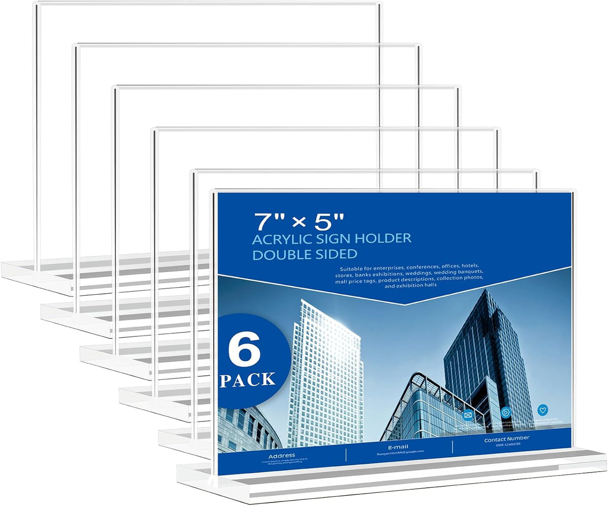 Acrylic Sign Holder 7x5, 6 Pack Clear Double Sided Table Sign Holder Horizontal Picture Frame
