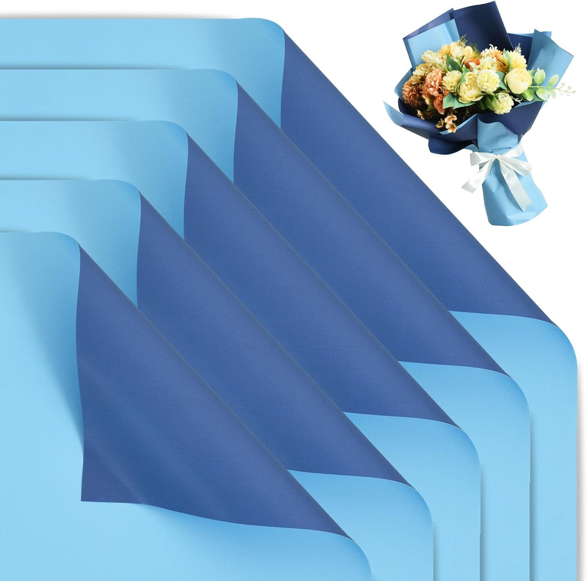 BEISHIDA 20Pcs Royal Blue and Sky Blue Double Sided Floral Wrapping Paper Matte Waterproof Flower