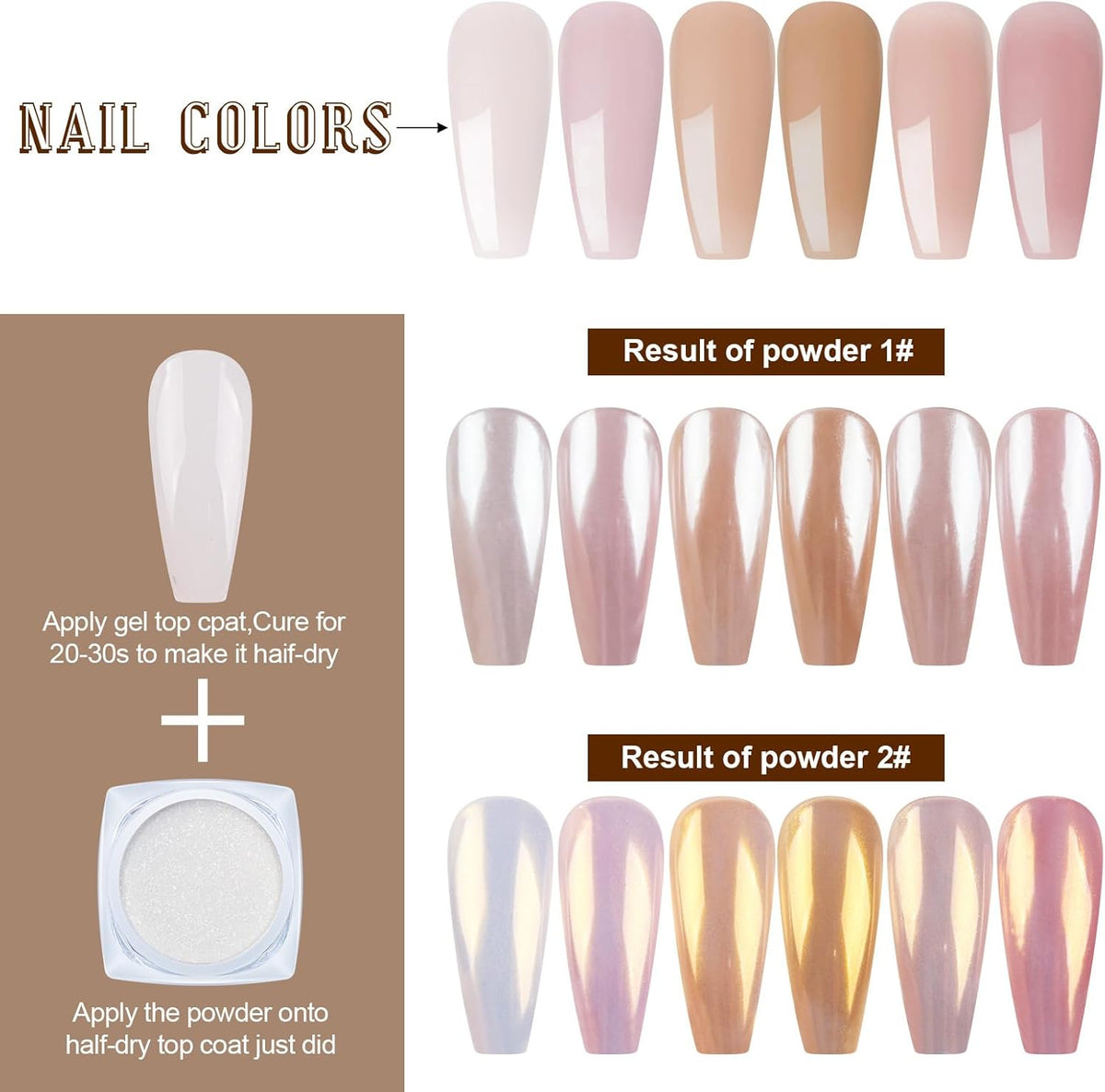 Artdone 2 Jars Chrome Nail Powder White and Gold Pearl,Iridescent Aurora Powder Metallic Mirror