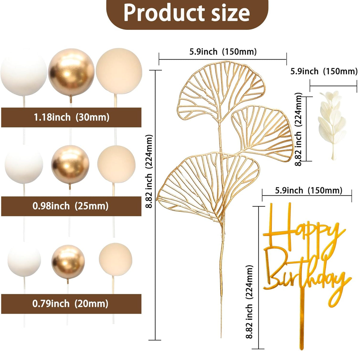 Gyufise 57Pcs Khaki Balls Cake Topper Boho Grass Cake topper Pearl Balls Acrylic Happy Birthday