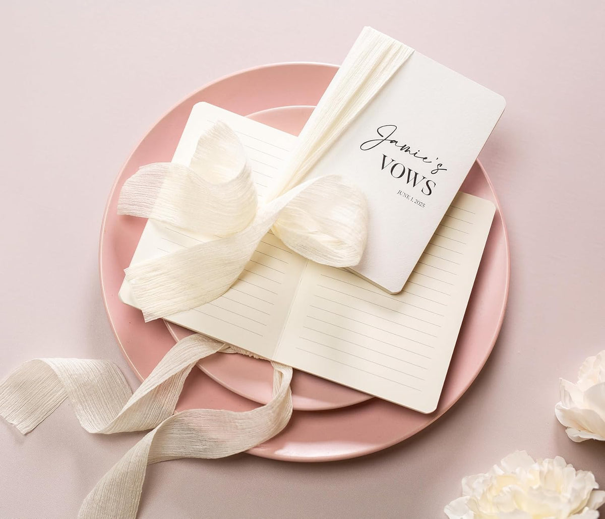 Modern Album Designs Set of Custom Slim White Vow Books w/Ribbon (Set of 2) - 5.625 x 4 Minimalist