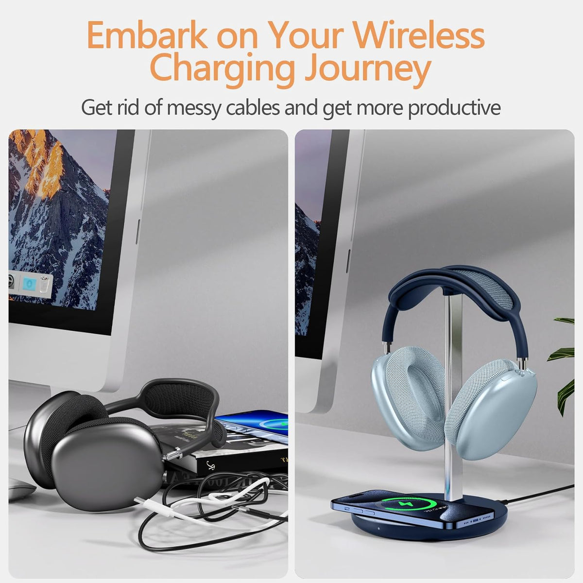 Headphone Stand with Wireless Charger, Gaming Headset Holder Hanger Rack 2 in 1 Wireless Charging