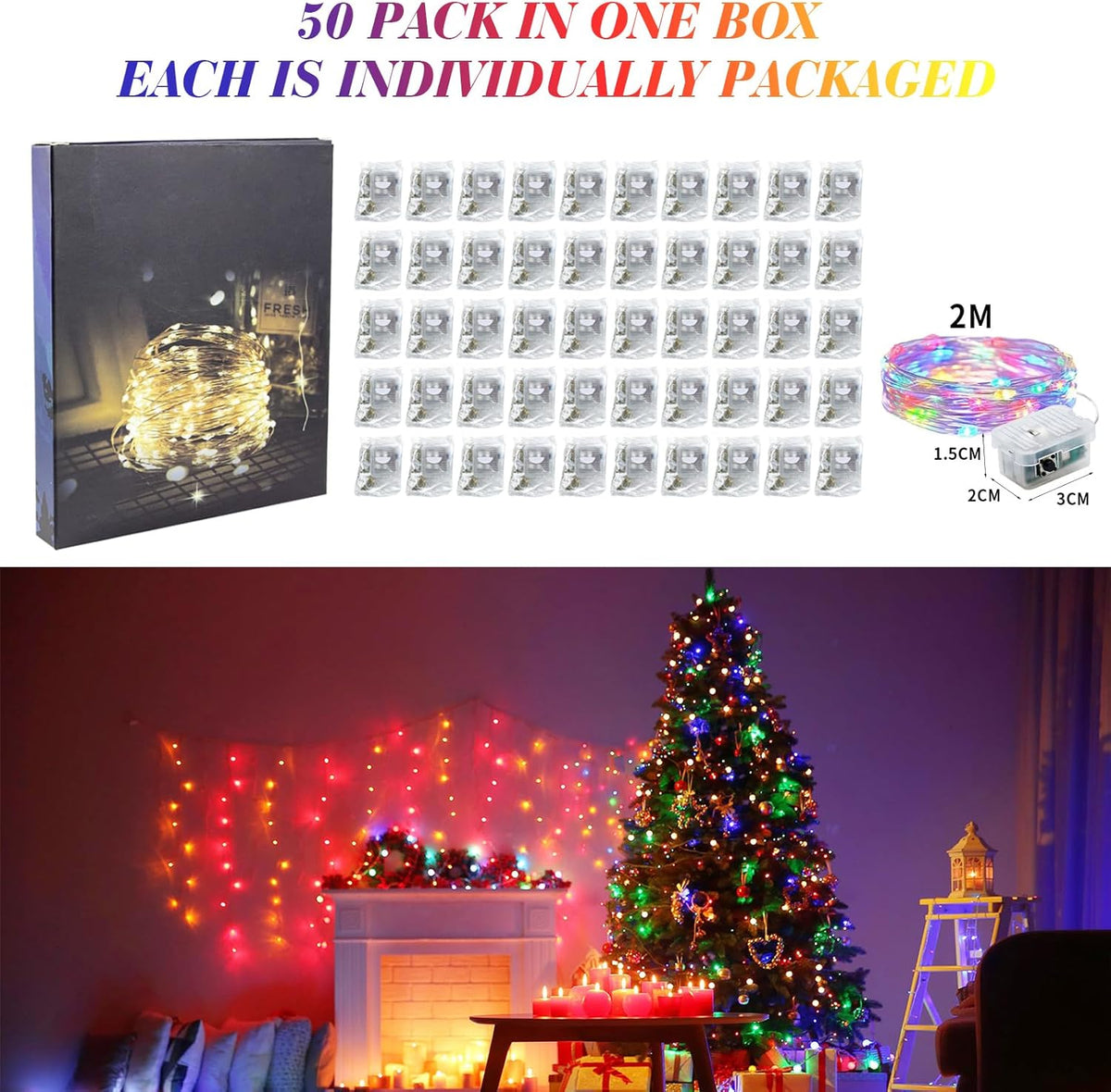 ZGWJ 50 Pack Fairy Lights Battery Operated, 7ft 20 Mini LED Fairy String Lights Silver Wire 3 Modes