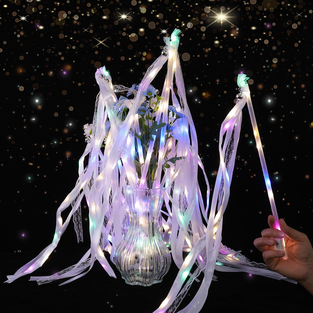 30 Pieces Light up Wedding Wands with Ribbons & Bells –LED Silk Wedd Fairy Wands Streamers with