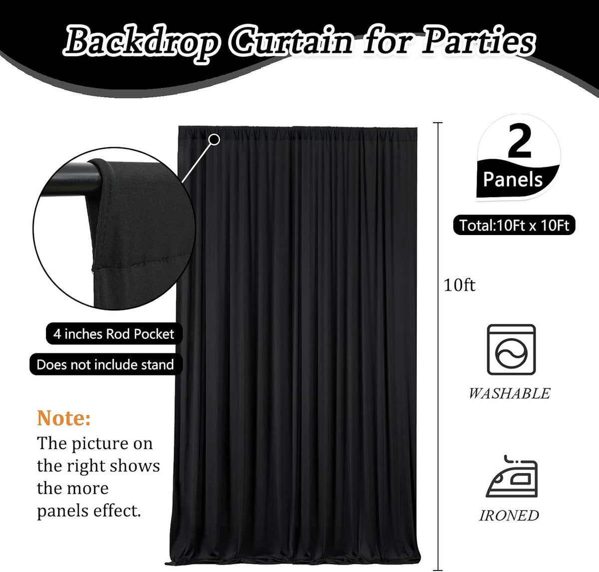 10 x 10 Feet Black Backdrop Curtain for Partie, Background Curtains for Photoshoot, Birthday