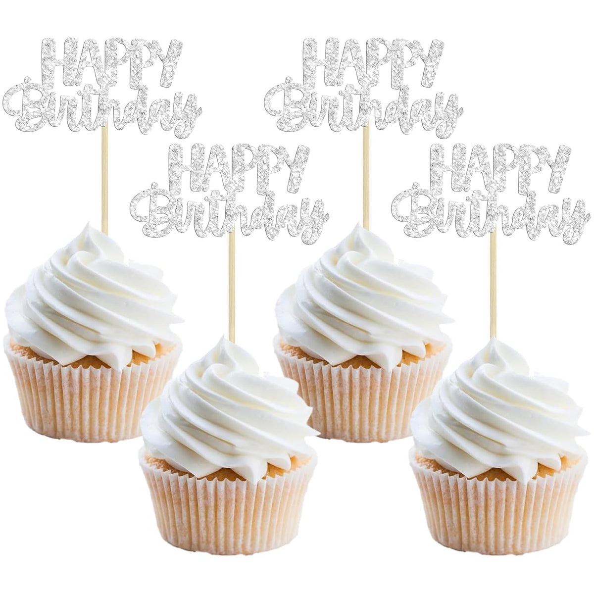 Gyufise 24Pcs Happy Birthday Cupcake Toppers Silver Glitter Birthday Cake Decorations Picks for