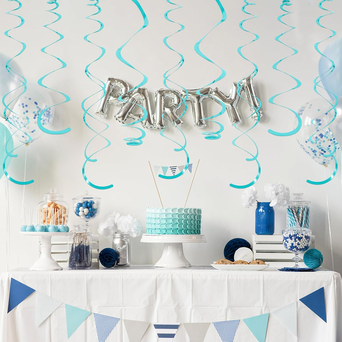 24 PCS Teal Hanging Swirl, Sparkle Ceiling Hanging Decorations, Plastic Streamer Party Decorations